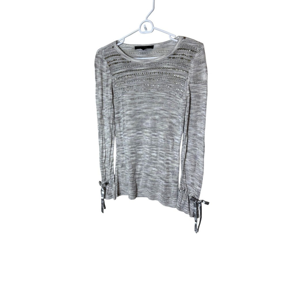 White House Black Market Sweater Womens Small Gray‎ Beaded Bow Cuff Knit Top